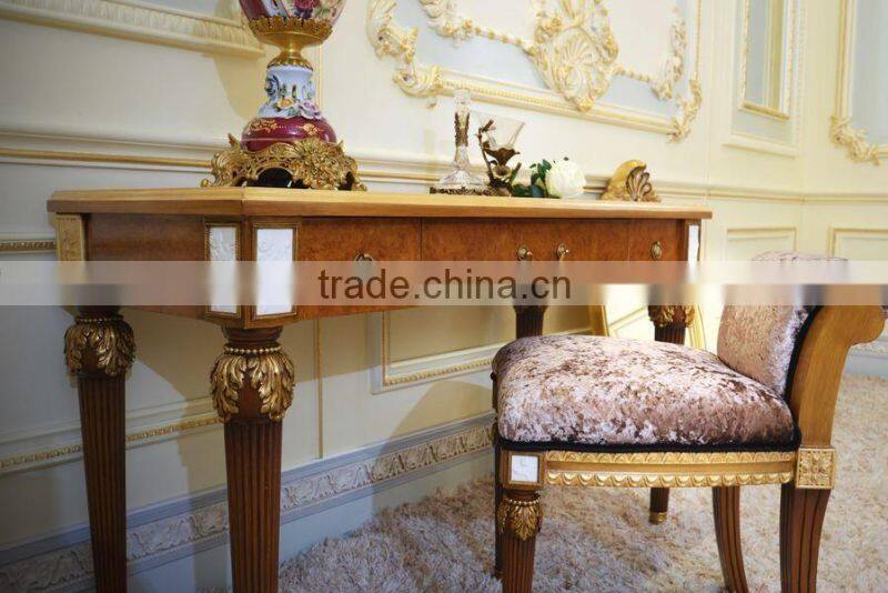 French Antique Bedroom Furniture Wooden Carved Nightstand/ Vintage Brown Bedside Table With Golden Carving