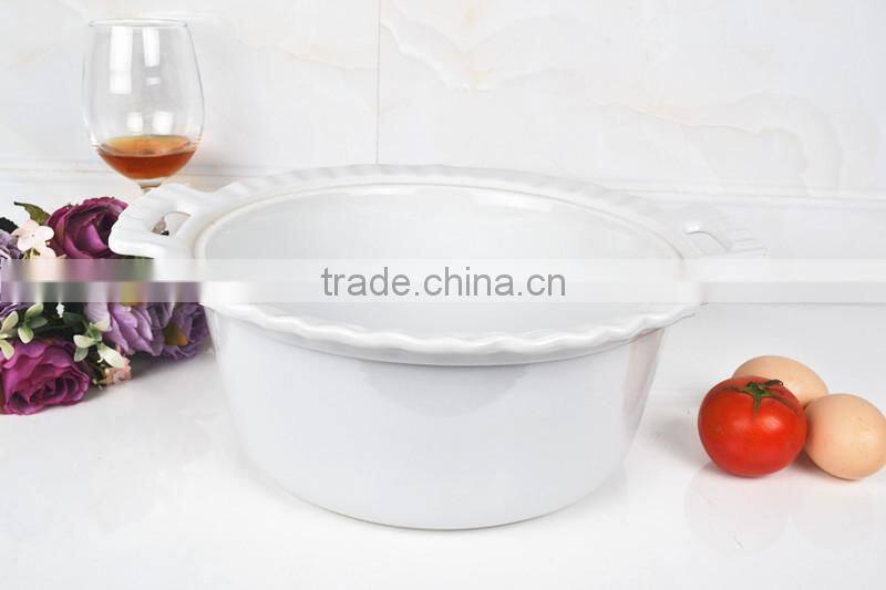 13" Round super white can direct fired porcelain casserole pan with lid