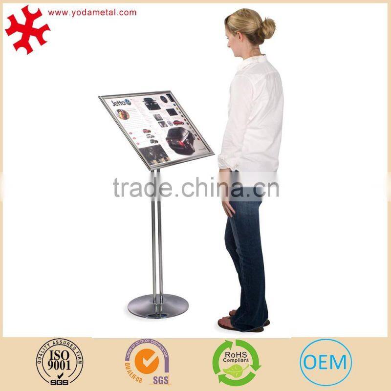 Adjustable height tilting metal poster display stand with snap frame