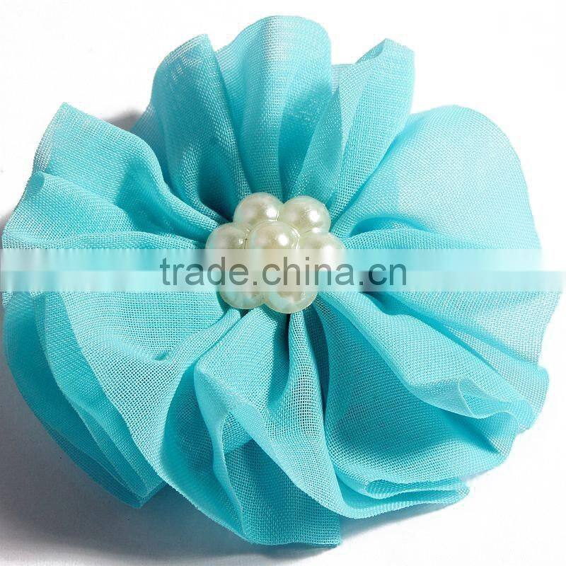 fabric chiffon flower with pearl beads center for kids hair accessories