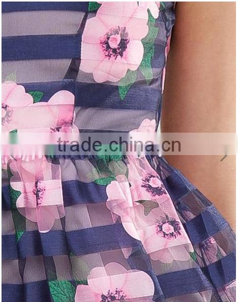 Floral Print pattern Stripe Organza Sleeveless Dress/women dress/clothing