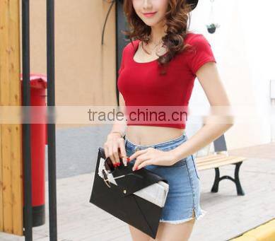 2016 Latest Fashion Sexy Women Short Sleeve High Waist Solid Color Belly Button Low Curves Slim Tight T- shirt