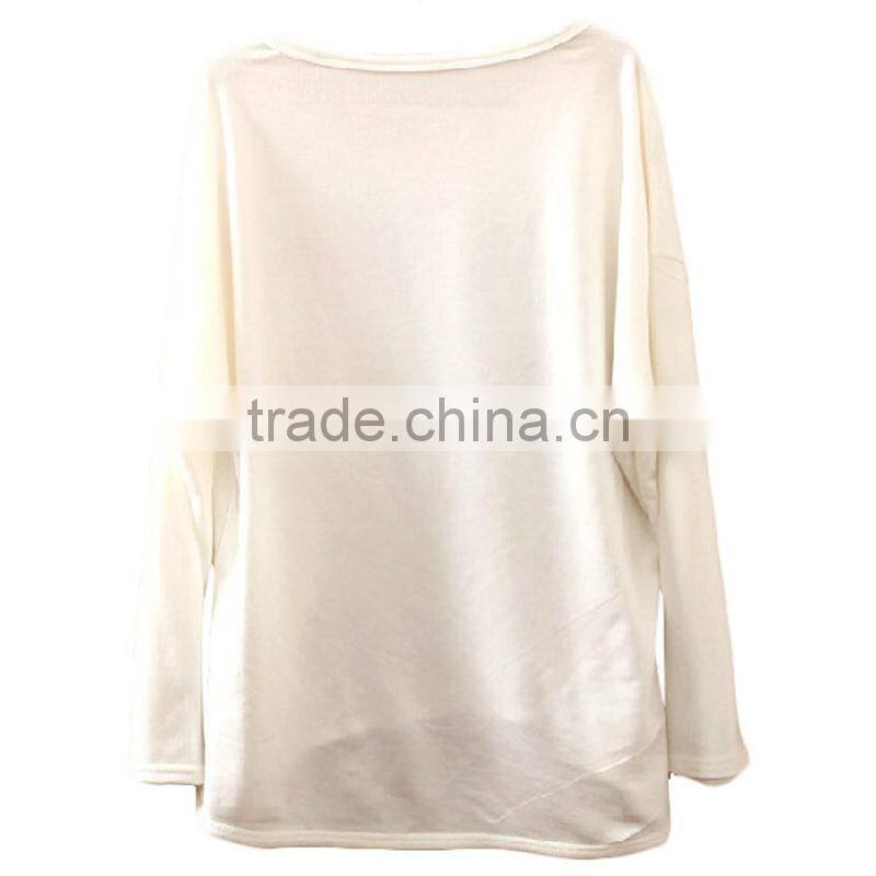 Lady garment clothing manufacturer long sleeve loose fitting o-neck shorter front printed t-shirt