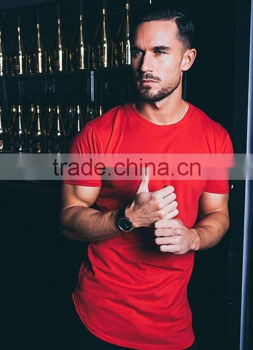 Red 95% Cotton 5% Elastane Men's Short Sleeve Curved Hem T Shirt Slim Fit Longline T-Shirt Bodybuilding Gym T Shirt Wholesale