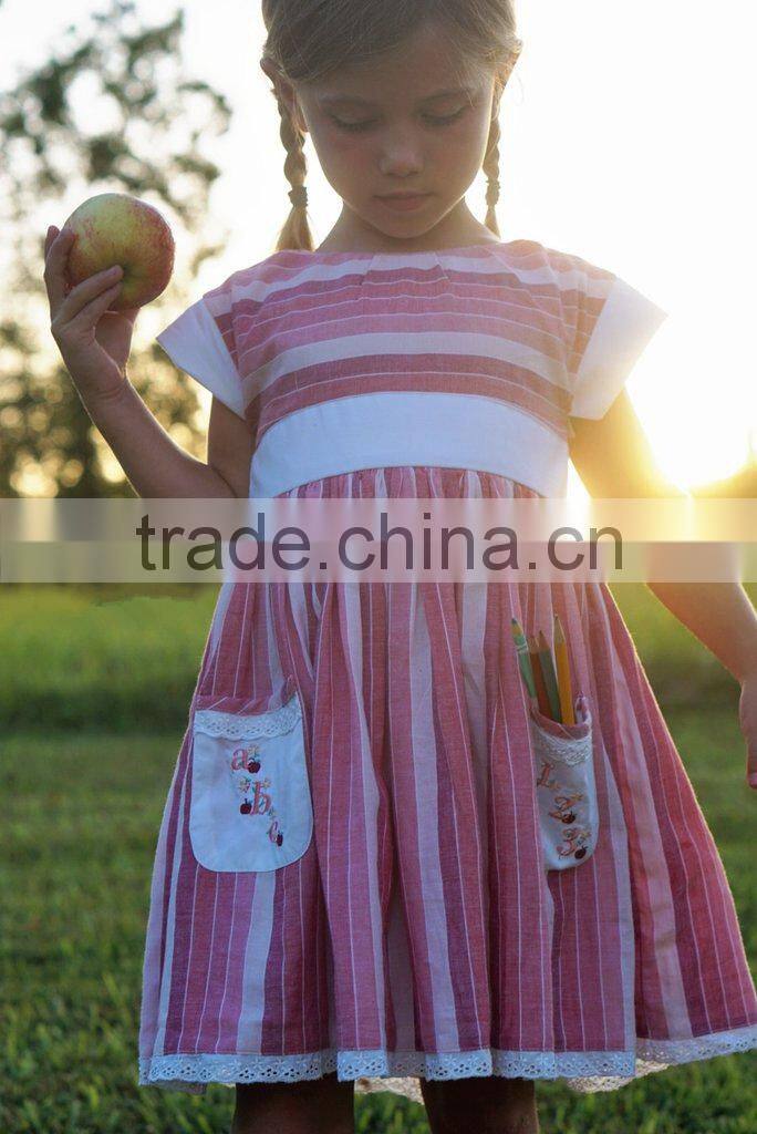 2016 Girls ABC + 123 in Antique Brick Well Dressed Remake Dress Kids Back To School 100% Cotton Striped Lace Dress
