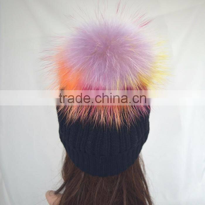 Myfur Rainbow Color Real Fur Pompom Woolen Knit Beanie Hat Wholesale