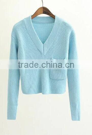 EY0864S Women Long Sleeve Deep V-Neck Knitted Pullover Sweater