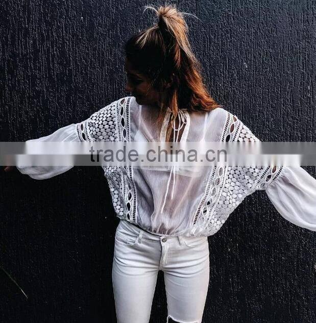 Runwaylover 126 Hot Sale 2017 Ladies Fashion Lace Transparent Chiffon Blouse