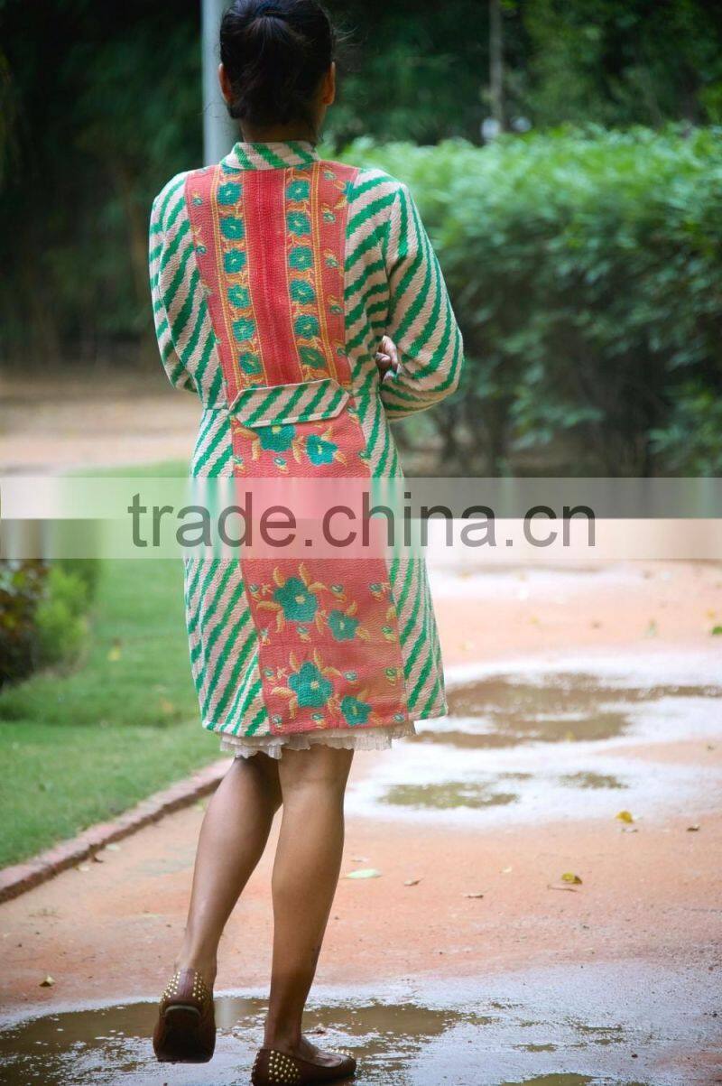 Vintage Kantha Long Accent Jacket in Antique Green and Salmon Color ~ Large