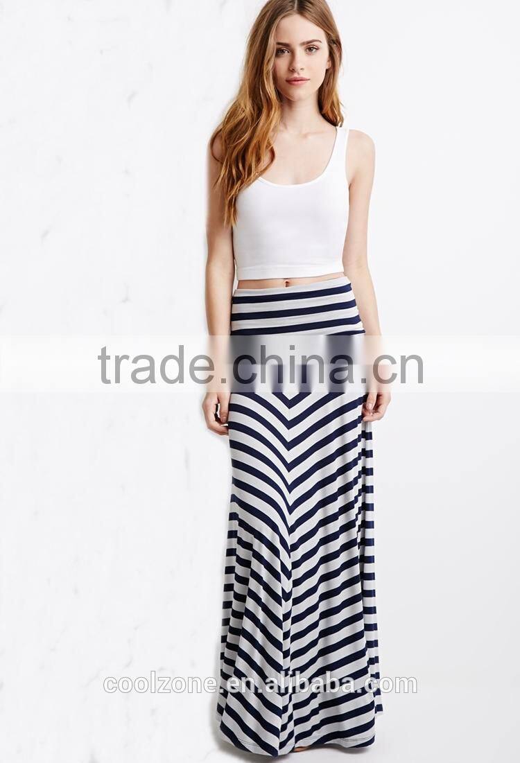 2015 Fold-over waist stripe print skirts fashion long maxi skirt