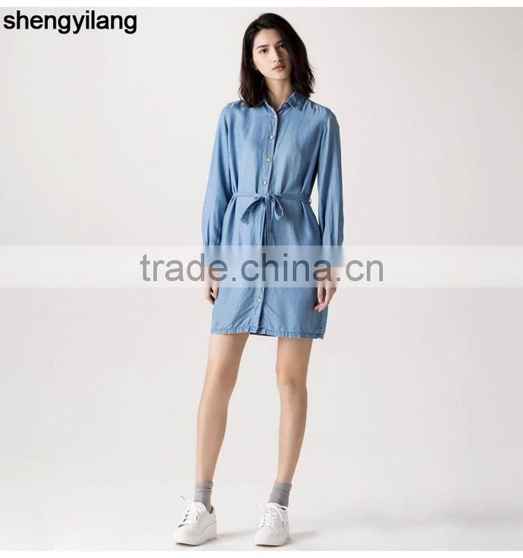 stylish leisure long sleeve denim jeans dress with waistband