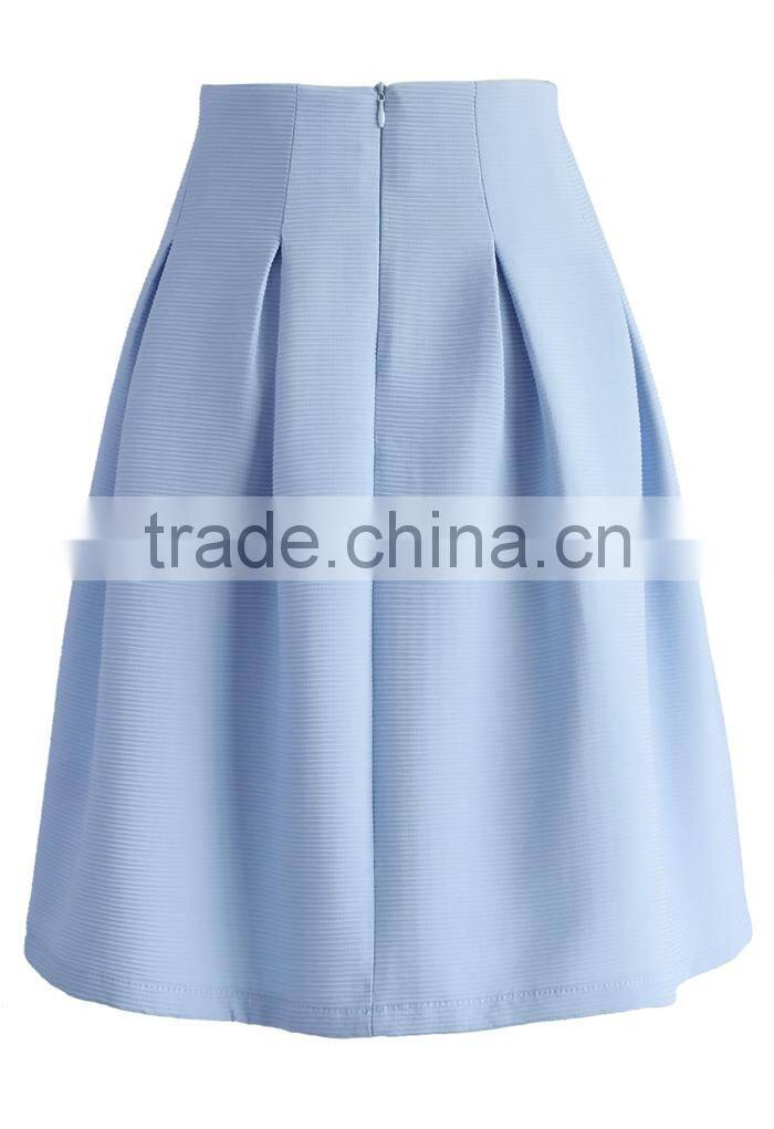 2016 Guangzhou Shandao Factory Summer New Arrivals Casual Pleated Blue High Waist Half Chiffon Lady Skirt