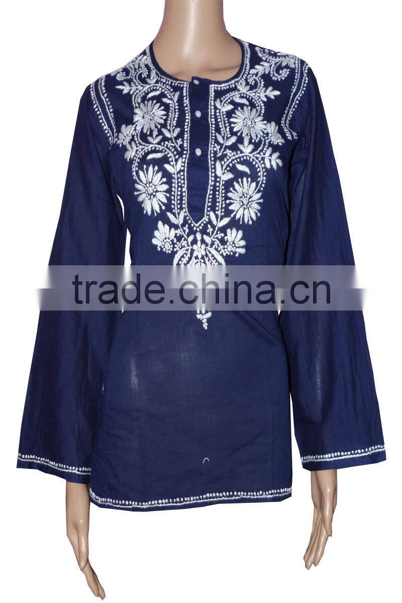 Indian Lucknow Chikan Kurtis,Cotton Embroidery Kurtis Top Tunic
