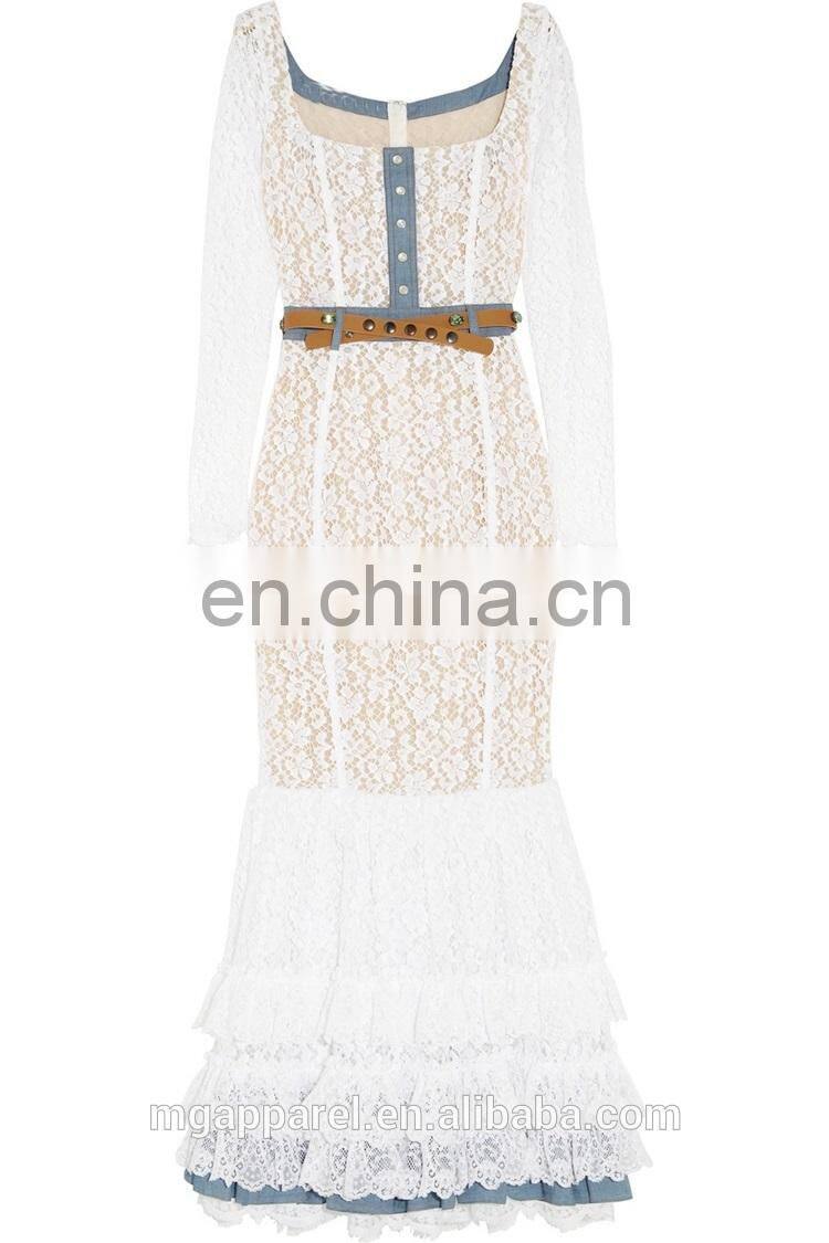 latest design formal evening gown chambray-trimmed long sleeve lace evening gown dresses