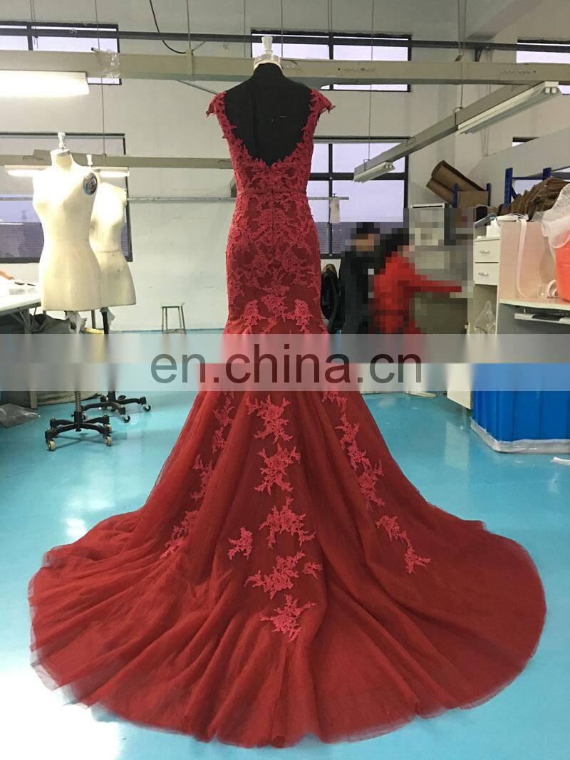 Decent Scoop Neckline Cap Sleeve Low Back Wine Red Lace 2017 New Mermaid Prom Dress