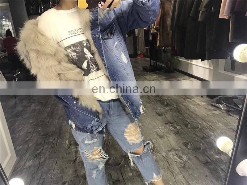 2017 Fashionable Women Winter Real Fox Fur Lined Denim Parka Real Fur Jacket Raccoon
