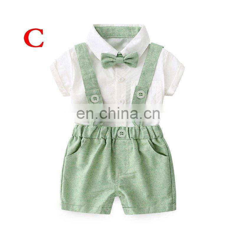 2019 SUMMER KIDS gentleman bowknot blouse with suspender shorts 3PC SET newborn baby clothing sets