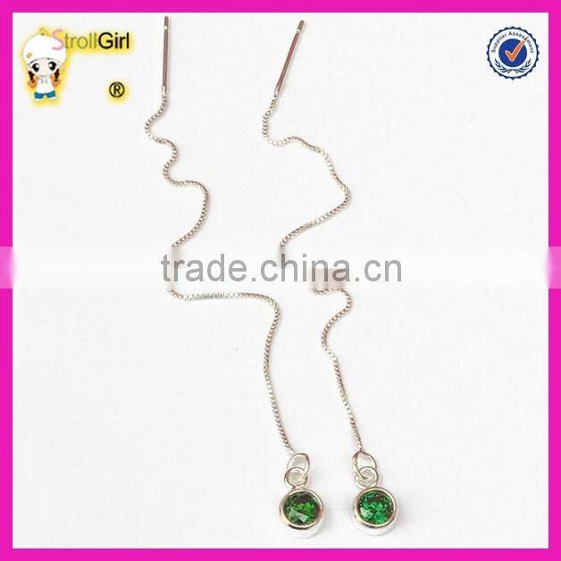 Best sell green color cz crystal earrings silver long chain emerald threader earrings