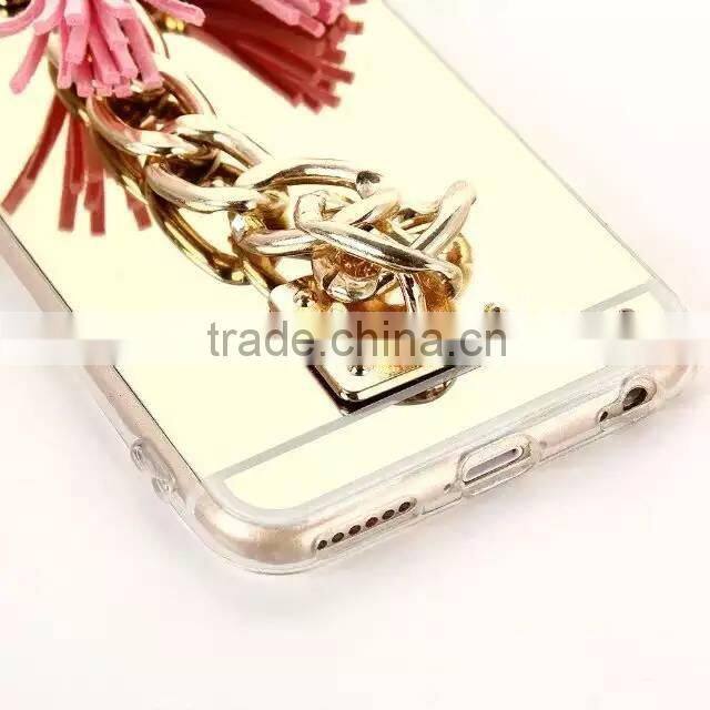 Luxury Tassel Metal Chain Mirror Rubber TPU Mobile Phone Cover Case For Apple iPhone 5G 5S 6S 6 Plus