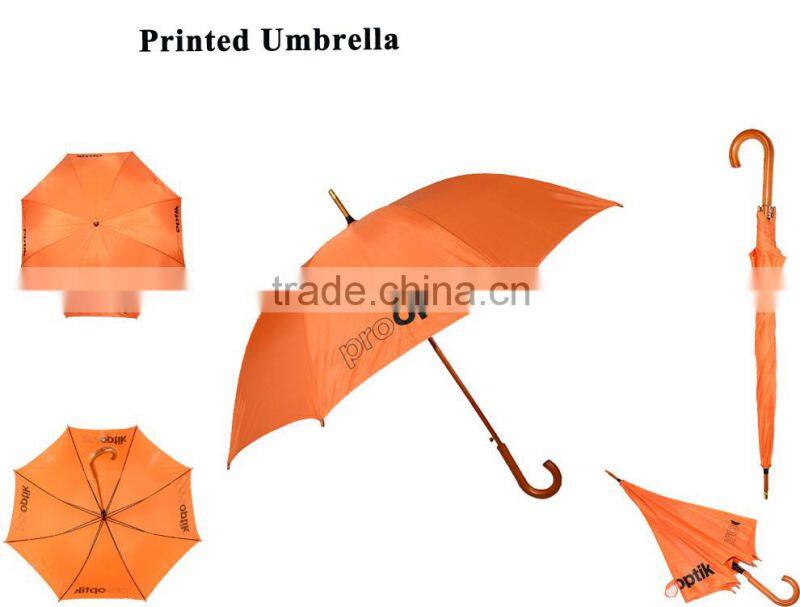 China Manufacturer 23 inch Orange Straight Printed Umbrella with Wooden Handle