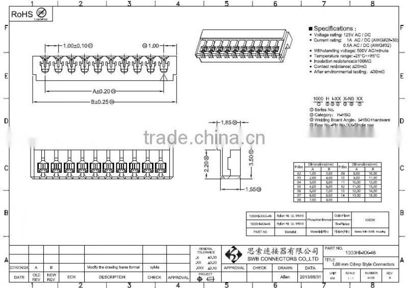 1.0mm Pitch electrical IDC connector 02-14 poles