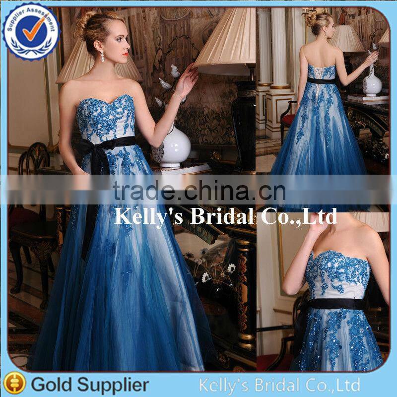 Princess Style Appliqued Lace Beaded Blue Lace Wedding Dress