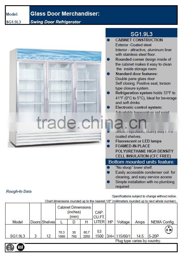 Three Door Merchandiser, Big Showcase Refrigerator, Glass Door Reach In Vertical Refrigerator - 1479 L / 52.3 cu.ft