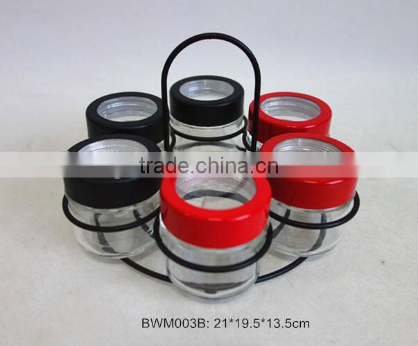 6pcs glass spice jar set with metal rack