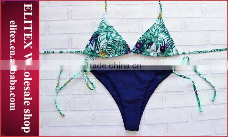 2017 Newest green leaves top dark blue bottom sexy print swimwear bikini CK378
