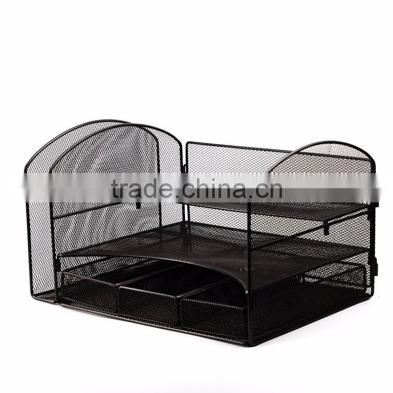 2017 amazon popular design black metal mesh desk file organizer with 3 Little Drawers