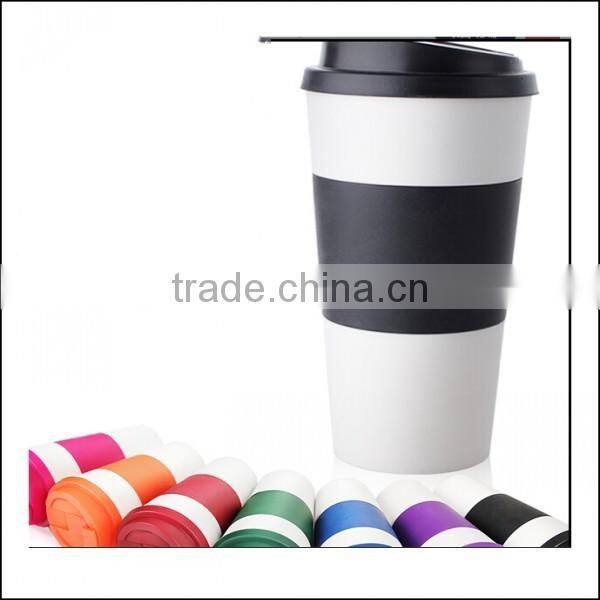 hot 12oz double wall insulated plastic coffee cup,8OZ plastic coffee cup with Silicone band,made of plastic PP with Silicone