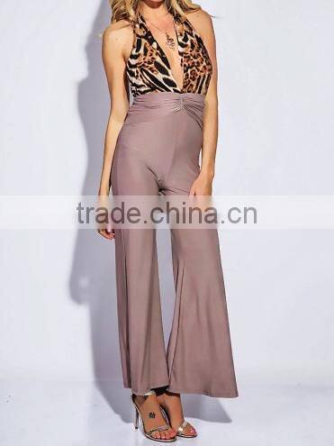 New sexy women backless COLOR BLOCK RUCHED DRAPE HALTER fit bodycon PARTY WIDE LEG JUMPSUIT OEM cheap