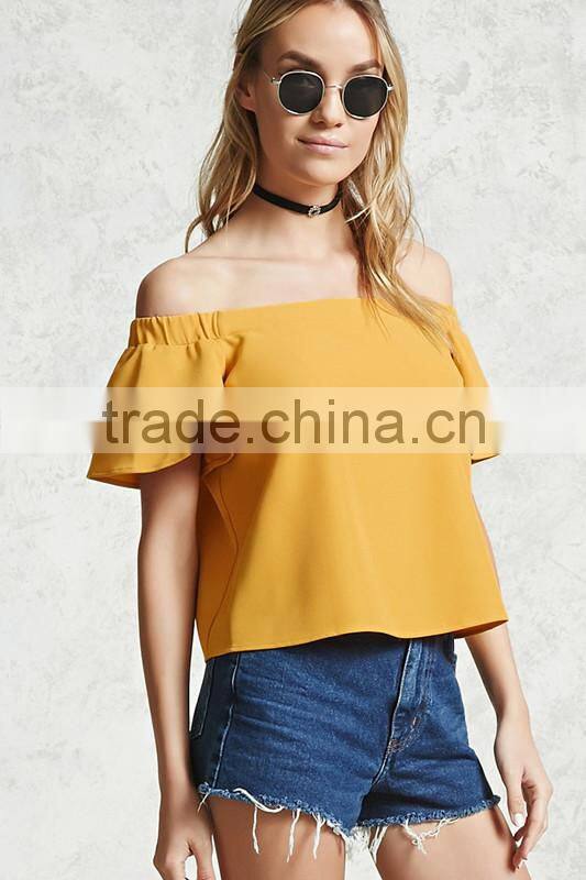 Woman Off The Shoulder Yellow Short Puff Sleeve Latest Blouse Designs