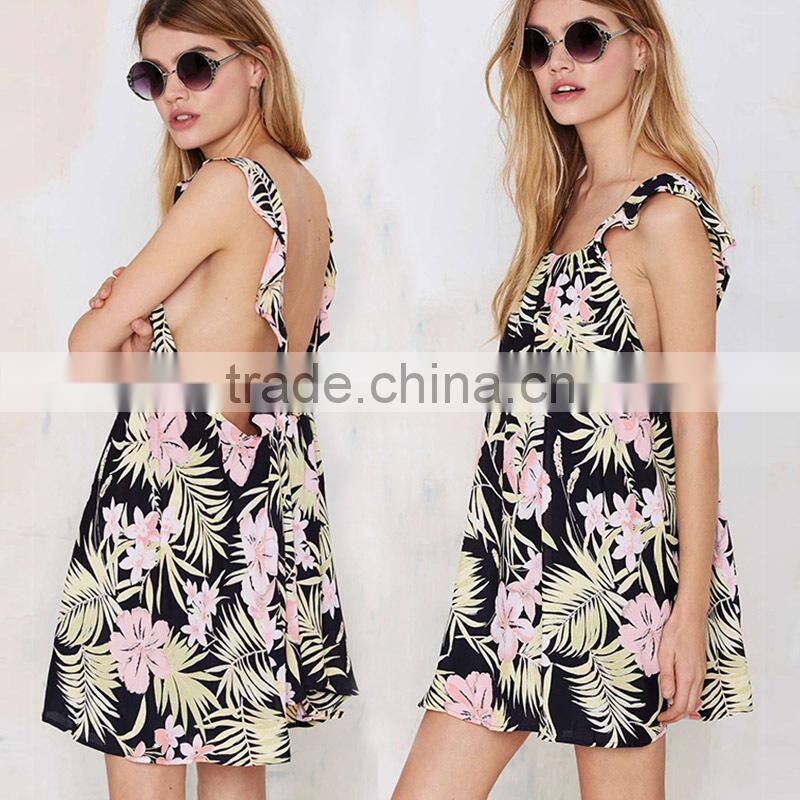 Ladies Fashion Sexy Back Open Floral Print Falbala Halter Top Short Dress