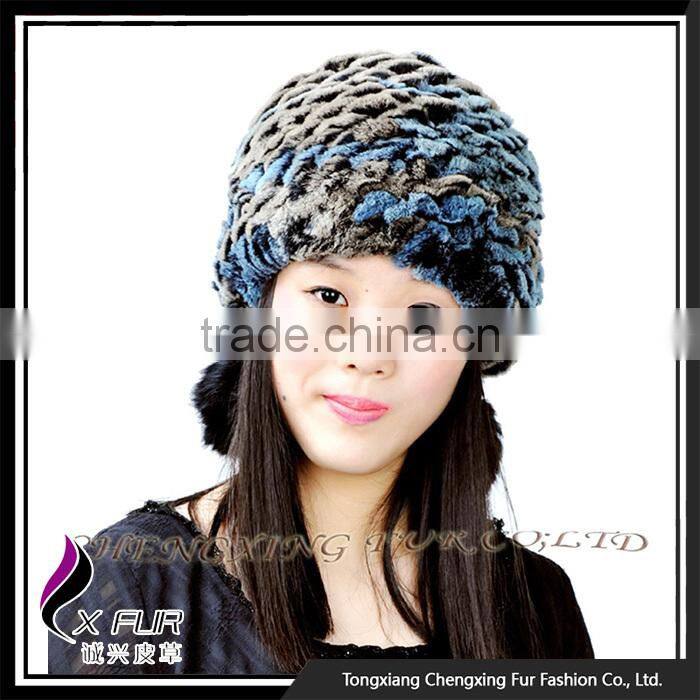 CX-C-111B Wholesale Custom Knitted Winter Rex Rabbit Fur Pom Pom Hat