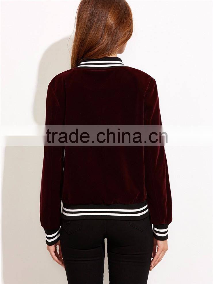 MGOO Women Burgundy Velvet Bomber Jacket With Striped Trim Plain Baseball Jacket Zipper Closure
