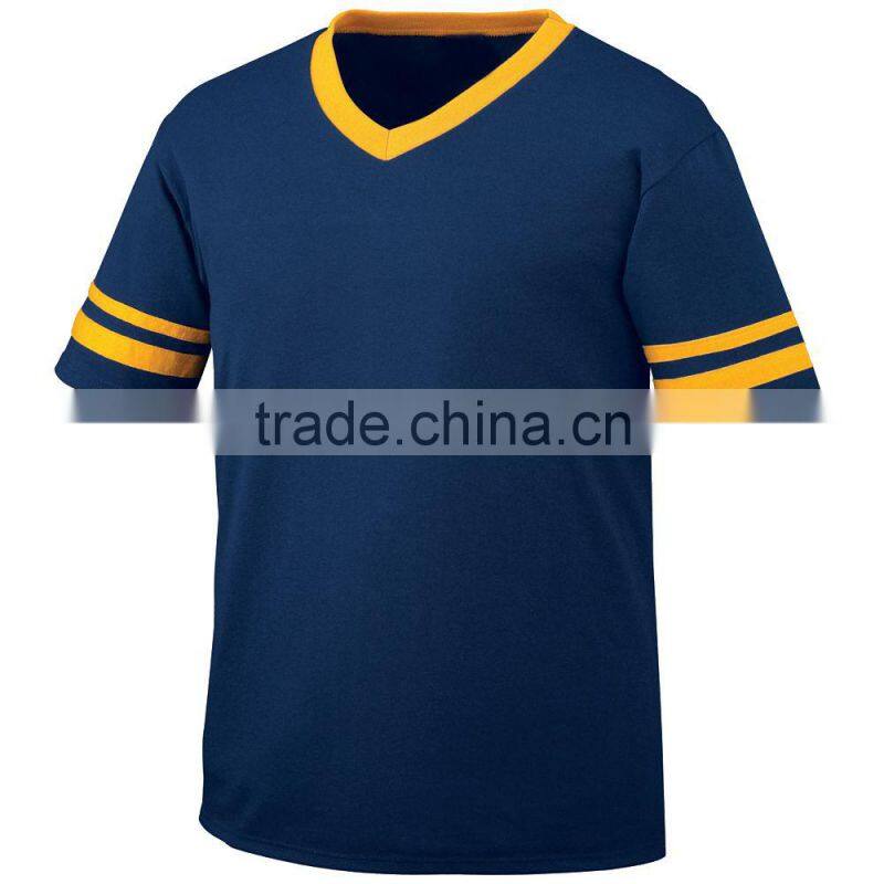 Young Man Sleeve Stripe Jersey Customize Contrast Color 1X1 Rib Knit V-Neck Collar Tee 50% Polyester 50% Cotton Material Jersey