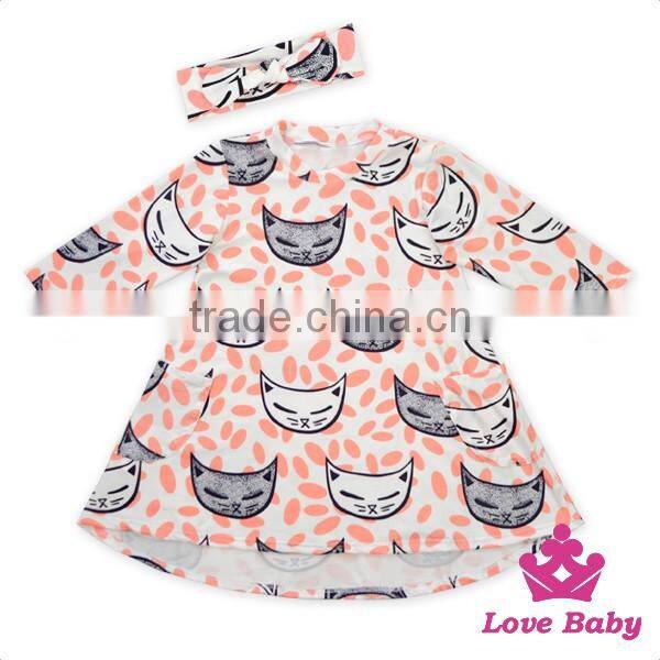 Best Selling Boutique Long Sleeve Printed Tiger Girl Dress Hign-Low With Bow Headband Simple Frock Design