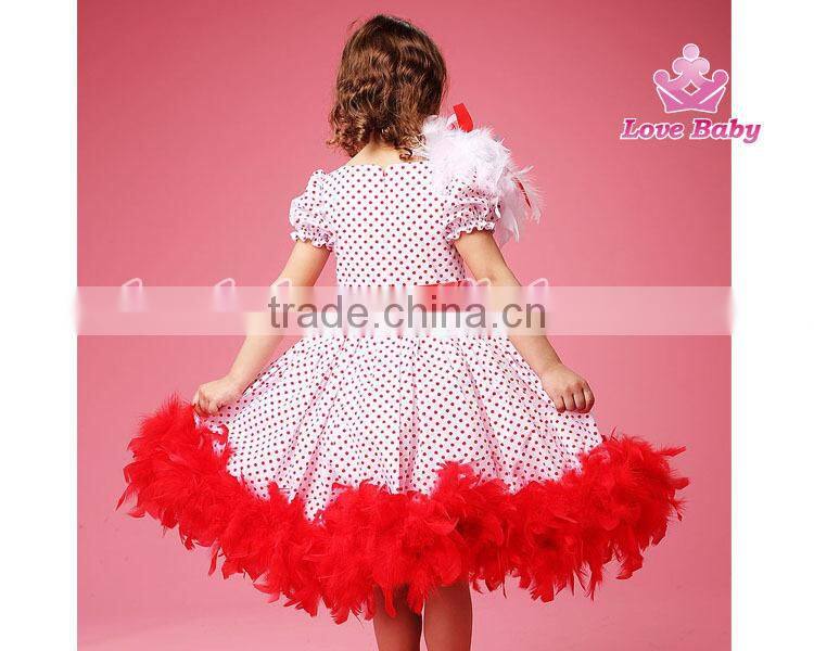 Fashion Red Polk Dot Dress Feather on Shoulder Wedding Tutu Dress for Child Girls