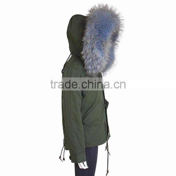 Myfur Fashion Adults Unisex Parka with Wolf Fur Lining Dyed Raccoon Fur Hooded Collar