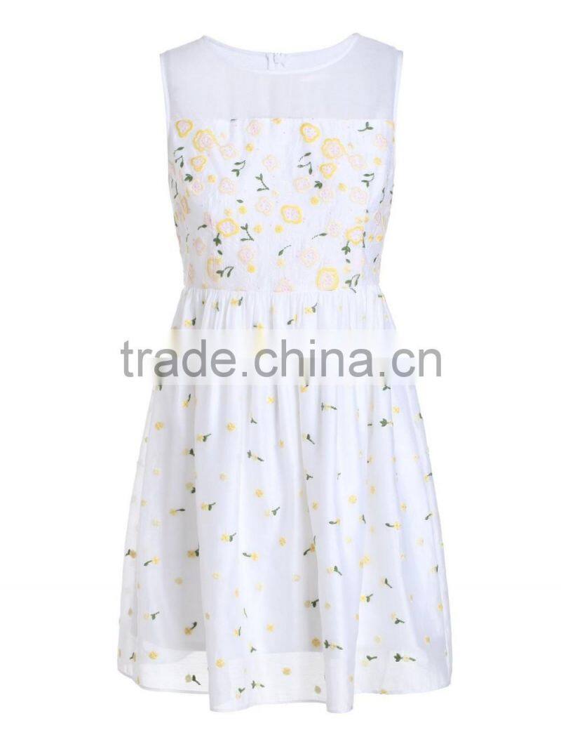 Ladies OEM service elegant white chiffon embroidery combined middle dress