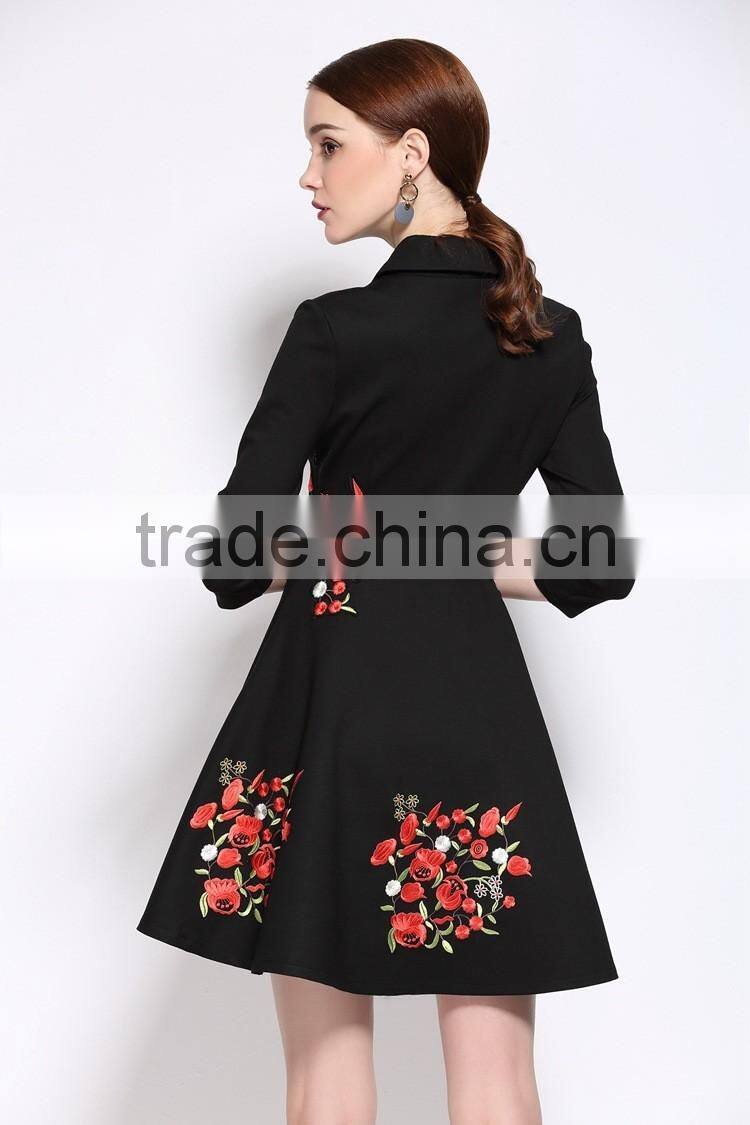 Ladies autumn/winter V neck 3/4 sleeve embroidered A-line dress