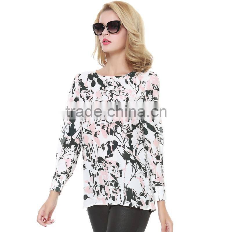 Women's autumn new style back split ink printing leaves pattern long sleeve chiffon shirt