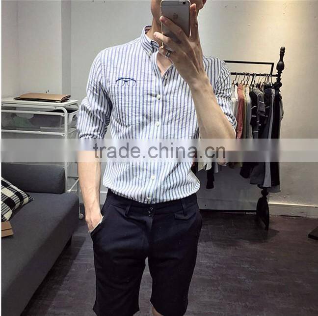 Cultivate one's morality men striped sleeves shirts washed cotton embroidery