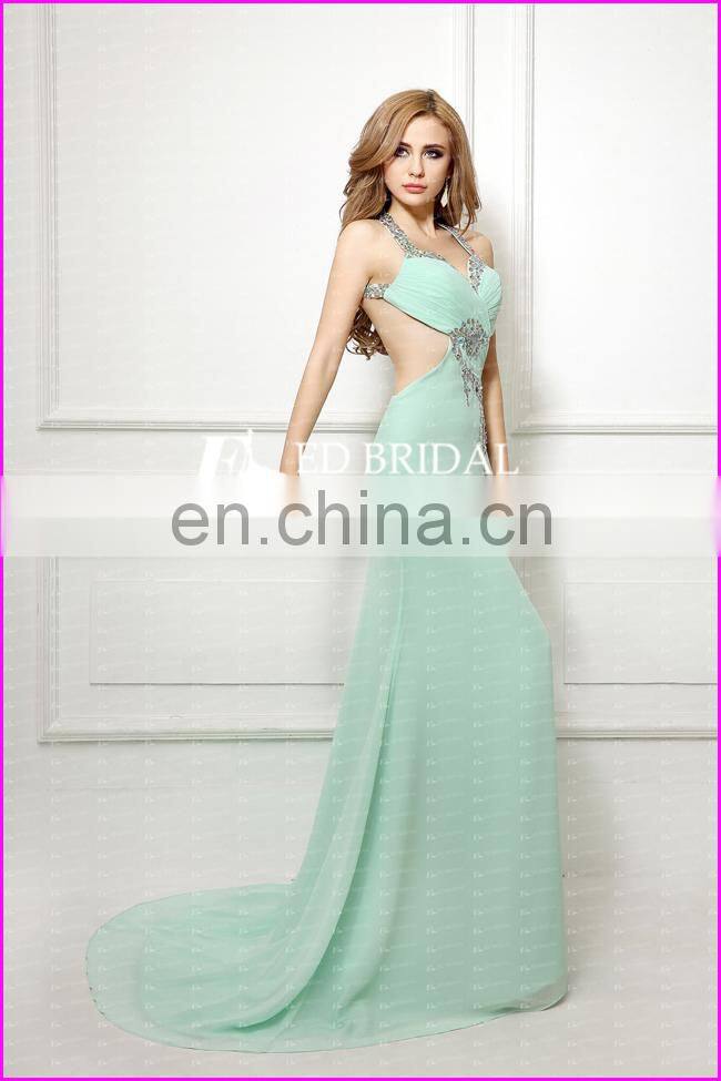 CE98 Attractive Sexy Low Open Back Split Front Halter Light Green Chiffon Evening Dress