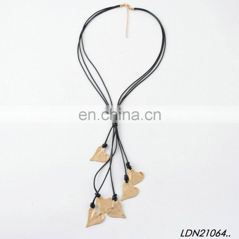Layer Leather Necklace Gold 7 silver Hammered Charm Heart Tassel Necklace