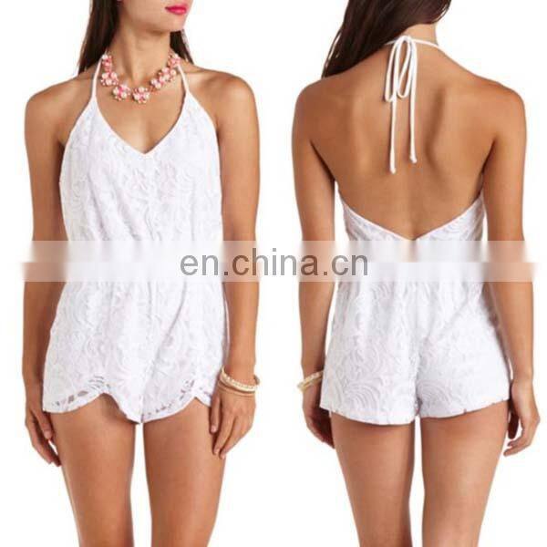 New Design Women White Lace Halter Short Jumpsuit