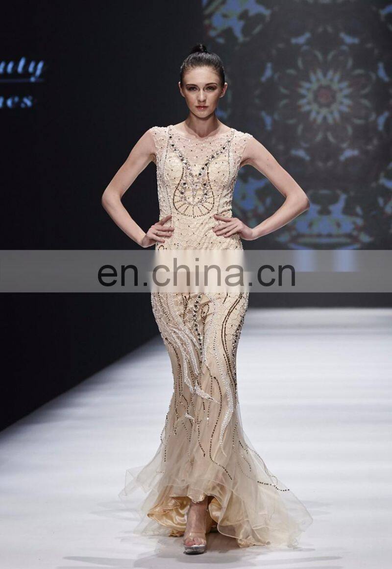 2017 B5424 Champagne color Short sleeve net fabric beaded evening dresses & wedding dresses B5318