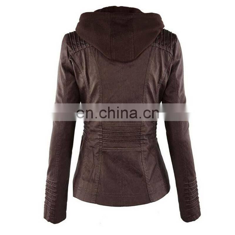Customized wholesale Plus size women's detachable hooded leather jacket coat top motorcycle jacket PU pilot motorcycle suit