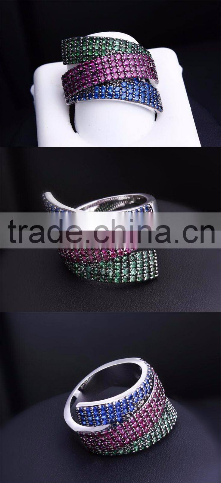Unique 3 Strips Colorful Cubic Zirconia Siam Emerald Montana Cocktail Party Ring
